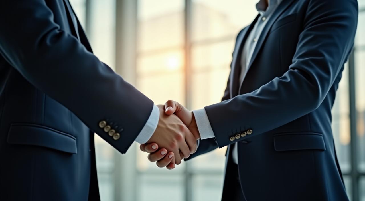 Two professionals shaking hands in a high-contrast office setting, symbolizing a handshake deal